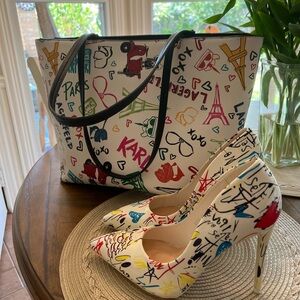 White Graffiti Karl Lagerfeld  Print Tote & Heel Set ( shoes nwot-4.5” heel )